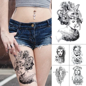 Nepremočljiva Začasni Tattoo Nalepke Lepoto Dekle Lisica Mačka Rep Peony Cvet Flash Tetovaže Žensko Roko Body Art Ponaredek Tattoo Moški