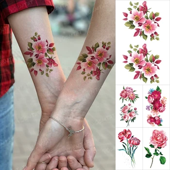 Realno Cvet Nepremočljiva Začasni Tattoo Nalepke Plum Blossom Peony Rose Flash Tattoo, Body Art Roko Zapestje Gleženj Tatu Ženske Moški