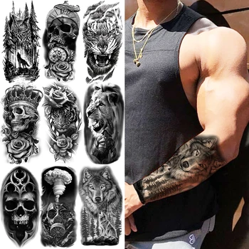 Plemenski Volk Gozd Začasne Tetovaže Za Moške Odrasle Realne Tiger Vojne Lobanje Cvet Kompas Ponaredek Tattoo Nalepke Roko Tatoos DIY